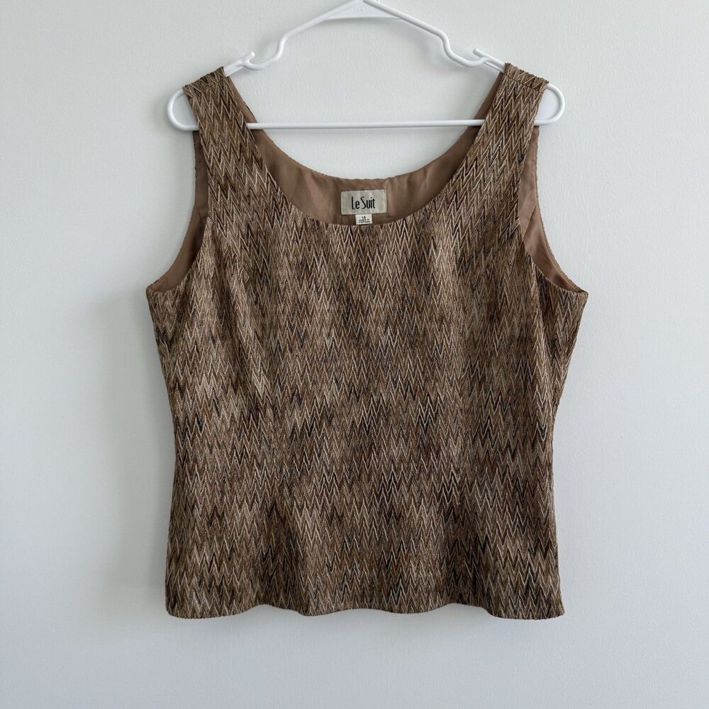 Le Suit Vintage Brown Sleeveless Top Lined Zig Zag Print Preppy Career Sz 14
